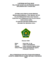 OPTIMALISASI PENYULUHAN DENGAN MENGGUNAKANMODUL FIQH IBADAH UNTUK CALON PENGANTIN PADA SAAT BADAN PENASIHATAN PEMBINAAN DAN PELESTARIAN PERKAWINAN (BP4) DI KANTOR URUSAN AGAMA (KUA) KECAMATAN SEKADAU HULU